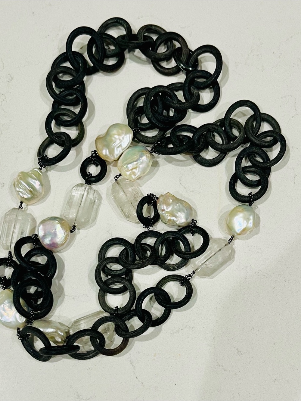 Amlé Italy Baroque Pearl Rock Crystal Resin Chain 50” Designer Necklace